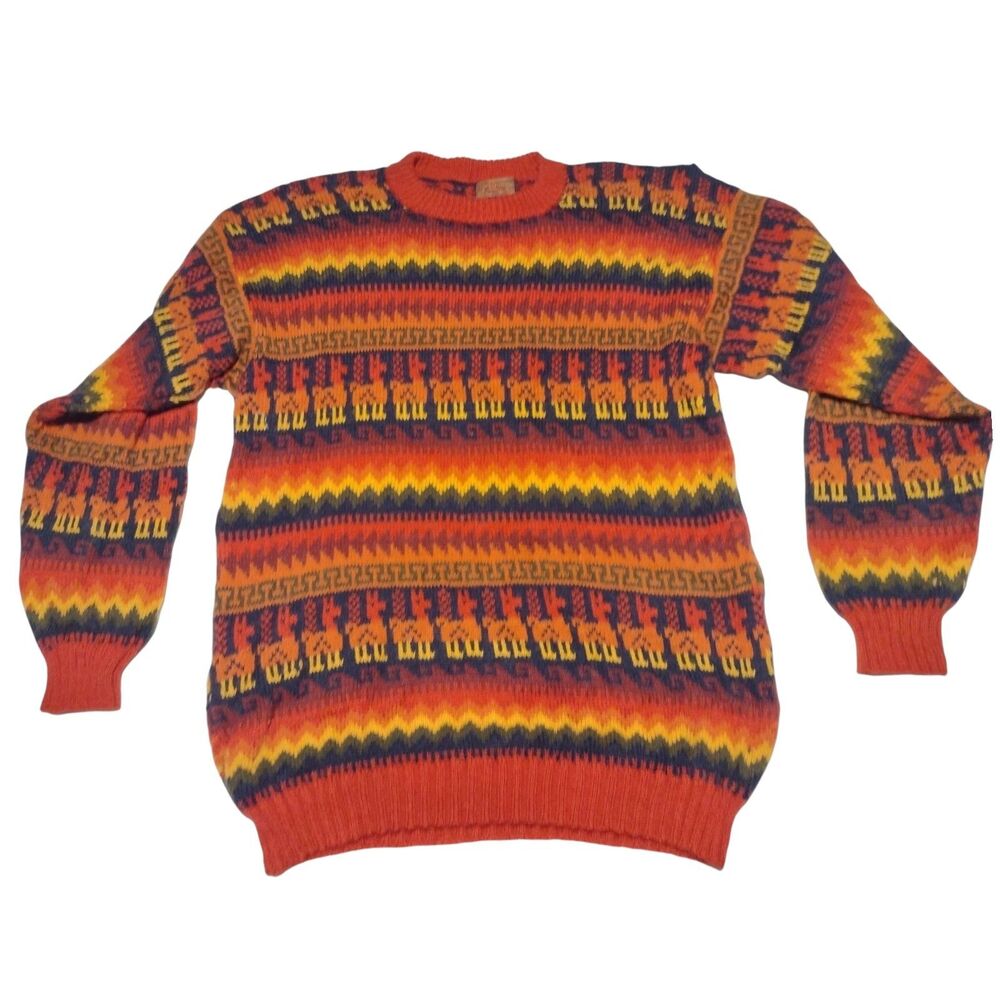 Vintage Retro Alpaca Wool Sweater Size L Large Hand Knit Fair Isle Orange Peru